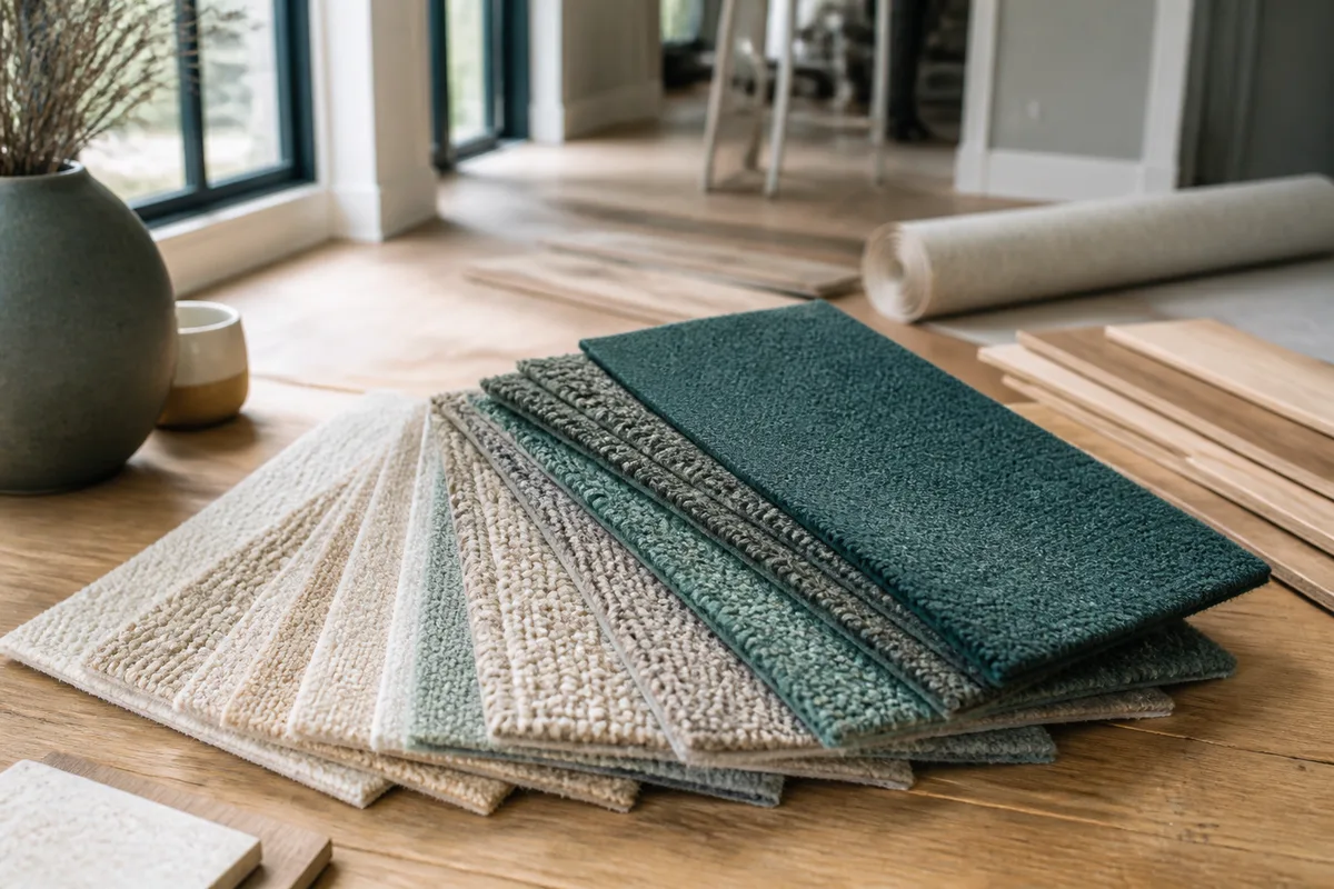 Échantillons de moquettes en laine et en fibres synthétiques présentés en éventail sur un plan de travail