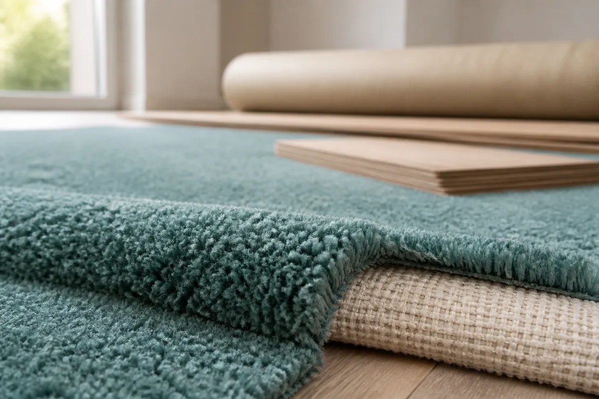 Détail d’un velours de moquette dense montrant la hauteur des fibres et la trame du support