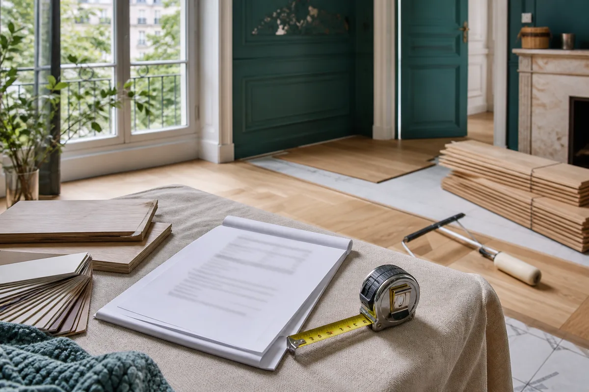 Devis de travaux de revêtement de sol posé sur une table avec un mètre ruban et des échantillons