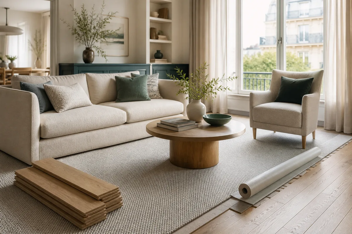 Séjour contemporain habillé d’une moquette bouclée claire avec canapé et fauteuil en tissu