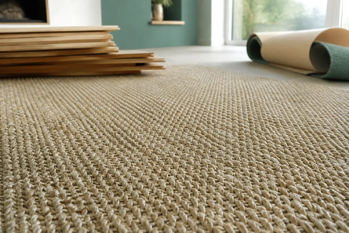Détail d’une moquette bouclée en fibres naturelles vue de près avec la trame apparente