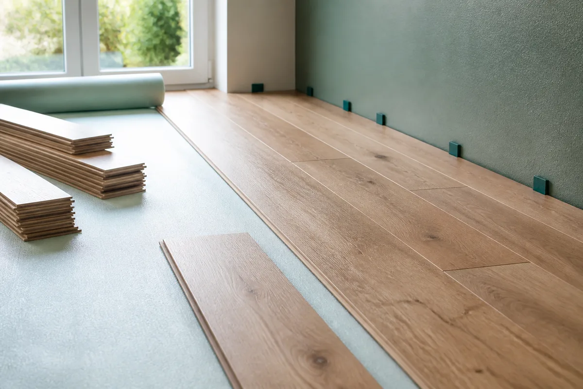 Pose flottante de lames de parquet contrecollé avec cales de dilatation le long du mur