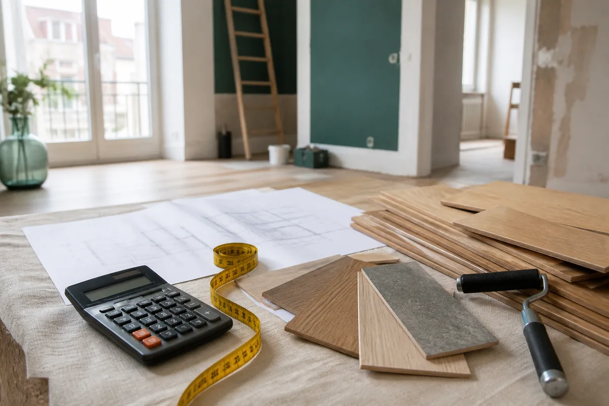 Calculatrice, mètre ruban et échantillons de revêtements de sol posés sur un plan de rénovation