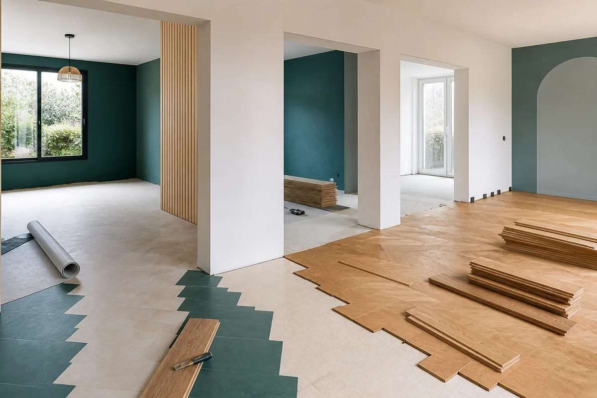 Chantier de rénovation avec plusieurs revêtements de sol en cours de pose dans des pièces adjacentes