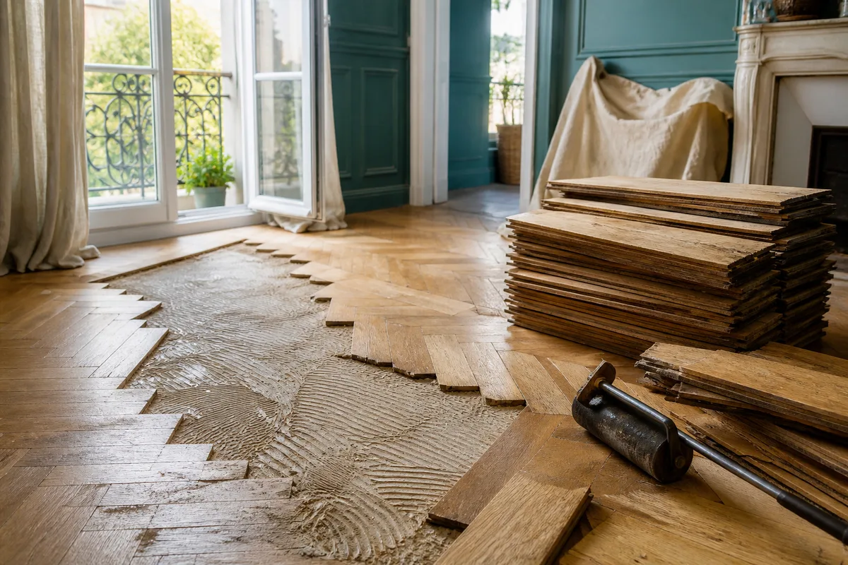 Parquet ancien en chêne partiellement dégagé montrant des lames usées et des traces de colle