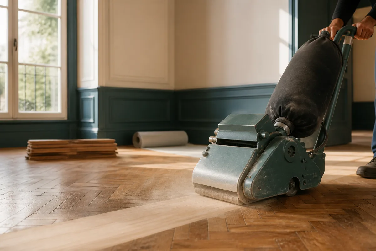 Ponceuse à bande en action sur un parquet en cours de rénovation dans une pièce vide