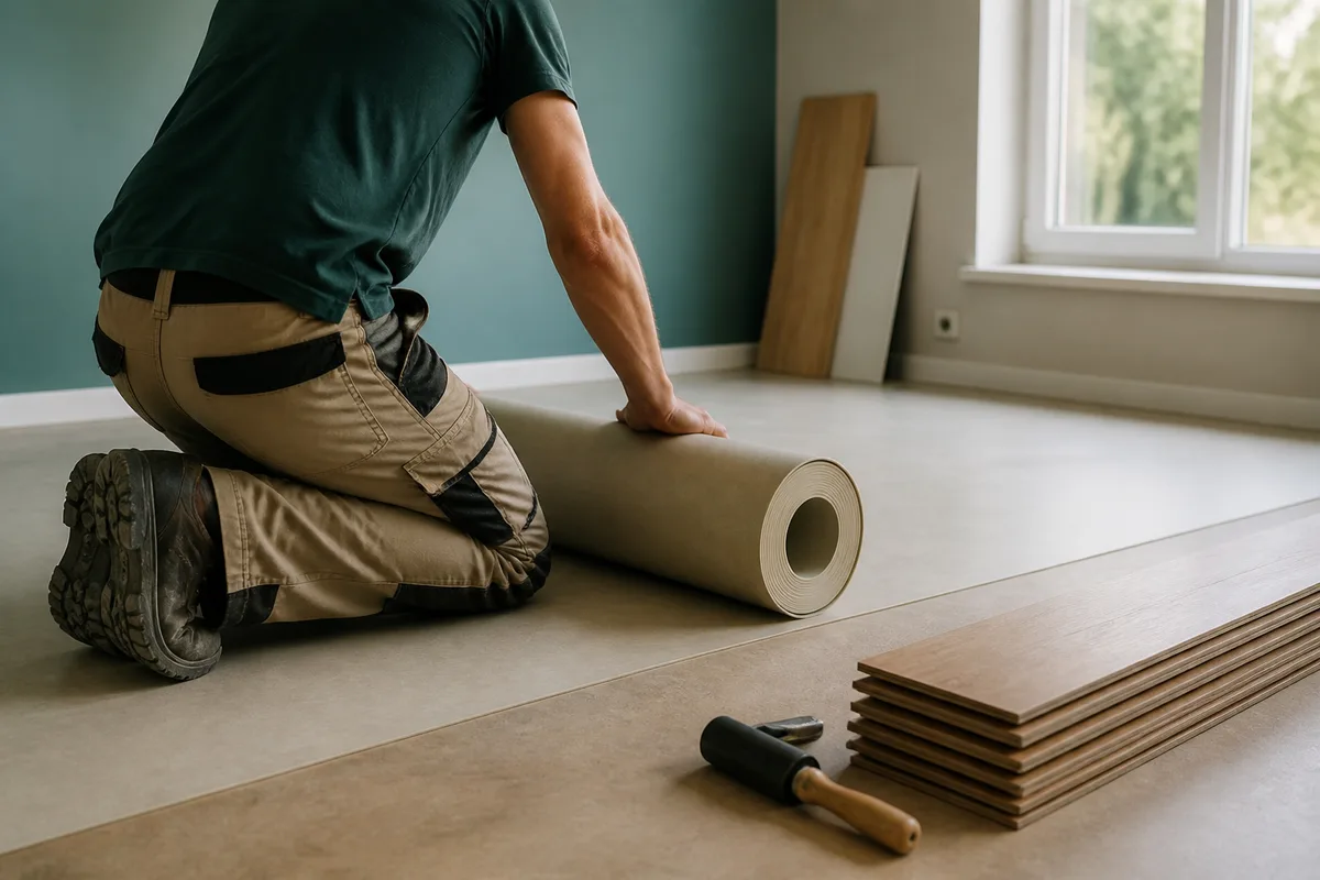 Poseur déroulant un revêtement de sol souple dans une pièce en cours de rénovation